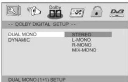 DOLBY DIGITAL SETUP DUAL MONO STEREO DYNAMIC L-MONO R-MONO MIX-MONO DUAL MONO (1+1) SETUP