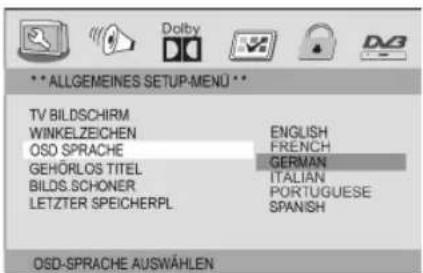 *** ALLGEMEINES SETUP-MENU ** TV BILDSCHIRM WINKELZEICHEN OSD SPRACHE GEHÖRLOS TITEL BILDS.SCHONER LETZTER SPEICHERPL ENGLISH FRENCH GERMAN ITALIAN PORTUGUESE SPANISH OSD-SPRACHE AUSWÄHLEN