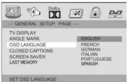 -- GENERAL SETUP PAGE -- TV DISPLAY ANGLE MARK ENGLISH OSD LANGUAGE FRENCH CLOSED CAPTIONS GERMAN SCREEN SAVER ITALIAN LAST MEMORY PORTUGUESE SPANISH SET OSD LANGUAGE