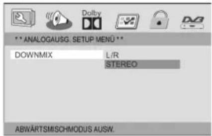 ANALOGAUSG. SETUP MENU DOWNMIX L/R STEREO ABWÄRTSMISCHMODUS AUSW.