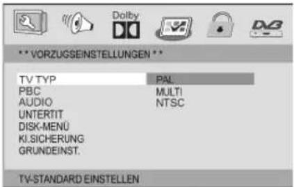 Dolby TV TYP PAL PBC MULTI AUDIO NTSC UNTERTIT DISK-MENÜ KI.SICHERUNG GRUNDEINST. TV-STANDARD EINSTELLEN