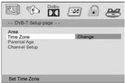 -- DVB-T Setup page -- Area Time Zone Change Parental Age Channel Setup Set Time Zone