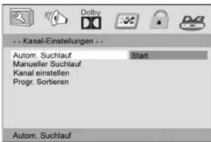 -- Kanal-Einstellungen -- Autom. Suchlauf Manueller Suchlauf Kanal einstellen Progr. Sortieren Start Autom. Suchlauf