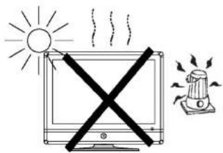 Diagram showing a computer monitor with a 'X' crossed out, sun emitting smoke, and a warning light emitting smoke.