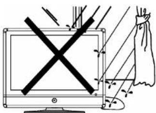 Diagram showing a computer monitor with a 'X' symbol crossed out by lines, and a hanging cloth on the right.