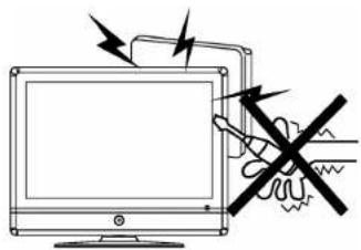 Diagram showing a computer monitor with warning symbols and a crossed-out electrical component, indicating electrical hazard or resistance.