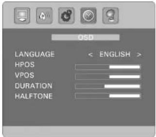 OSD LANGUAGE < ENGLISH > HPOS VPOS DURATION HALFTONE