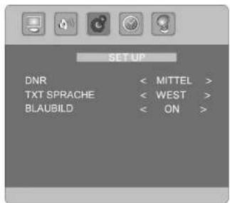 SET UP DNR < MITTEL > TXT SPRACHE < WEST > BLAUBILD < ON >