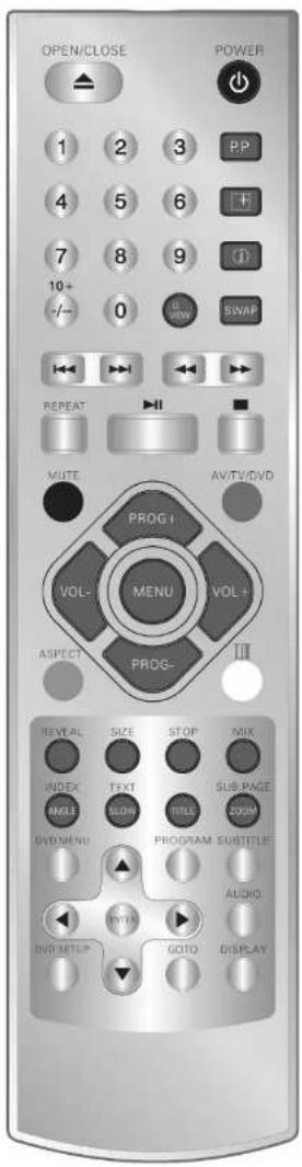 OPEN/CLOSE POWER 1 2 3 PP 4 5 6 F 7 8 9 10+ 0 SIVAP -/- - - REPEAT MUTE AV/TV/DVD PROG+ VOL- MENU VOL+ ASPECT PROG- III REVE AL SIZE STOP MIX INDEX TEXT SUB/PAGE ANGLE BLOW 200M DVD MENU PROGRAM SUBTITLE AUDIO OPTION GOTO DISPLAY DVD SETTIP