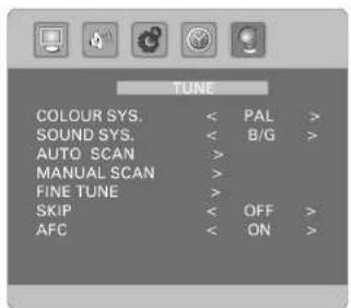 TUNE COLOUR SYS. < PAL > SOUND SYS. < B/G > AUTO SCAN > MANUAL SCAN > FINE TUNE > SKIP < OFF > AFC < ON >
