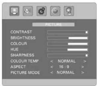 PICTURE CONTRAST BRIGHTNESS COLOUR HUE SHARPNESS COLOUR TEMP < NORMAL > ASPECT < 16 : 9 > PICTURE MODE < NORMAL >
