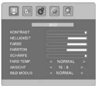 BILD KONTRAST HELLIGKEIT FARBE FARBTON SCHÄRFE FARG TEMP. < NORMAL > ANSICHT < 16 : 9 > BILD MODUS < NORMAL >