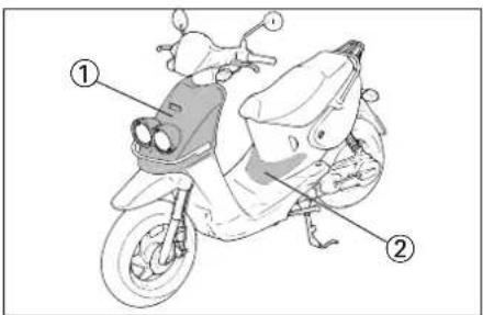 Diagram of a scooter with labeled parts, showing front and side views with numbered annotations.