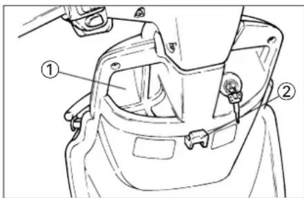 Technical diagram of a vehicle hood with labeled parts, showing structural components and parts numbered ① and ②.