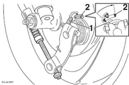Technical diagram of a vehicle suspension system with labeled components and directional arrows indicating motion or movement.