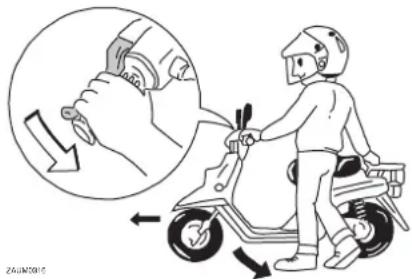 Illustration showing a person using a scooter with a hand operating the steering wheel, accompanied by a magnified view of the hand's impact.