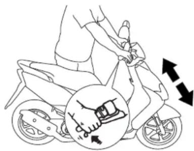 Diagram showing a person using a scooter with a magnified inset illustrating the seatbelt mechanism.
