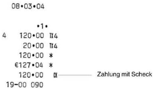 08•03•04 •1 4 120•00 TX4 20•00 TX4 120•00 * €127•04 * 120•00 CX ———— Zahlung mit Scheck 19-00 090