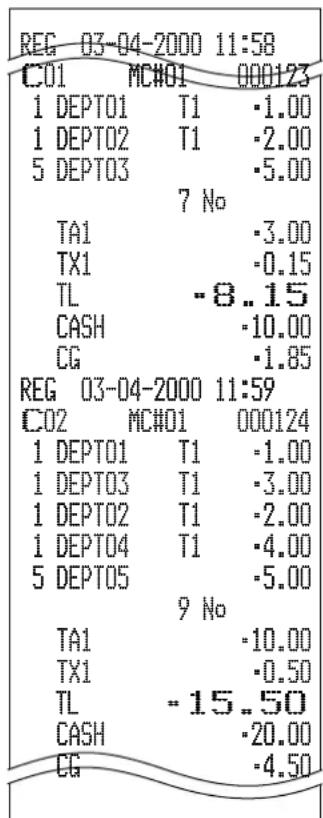 REG 03-04-2000 11:58 C01 MC#01 000123 1 DEPT01 T1 -1.00 1 DEPT02 T1 -2.00 5 DEPT03 -5.00 7 No TA1 -3.00 TX1 -0.15 TL -8..15 CASH -10.00 CG -1.85 REG 03-04-2000 11:59 C02 MC#01 000124 1 DEPT01 T1 -1.00 1 DEPT03 T1 -3.00 1 DEPT02 T1 -2.00 1 DEPT04 T1 -4.00 5 DEPT05 -5.00 9 No TA1 -10.00 TX1 -0.50 TL -15..50 CASH -20.00 CG -4.50