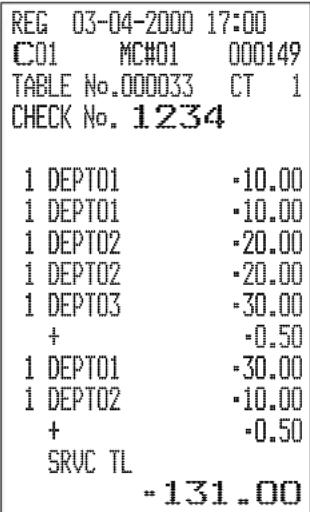 REG 03-04-2000 17:00 C01 MC#01 000149 TABLE No.000033 CT 1 CHECK No. 1234 1 DEPT01 -10.00 1 DEPT01 -10.00 1 DEPT02 -20.00 1 DEPT02 -20.00 1 DEPT03 -30.00 + -0.50 1 DEPT01 -30.00 1 DEPT02 -10.00 + -0.50 SRVC TL -131.00