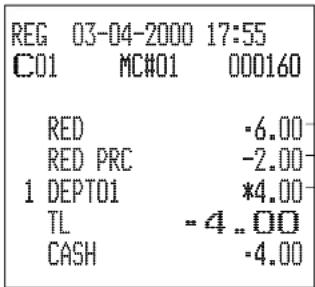 REG 03-04-2000 17:55 C01 MC#01 000160 RED -6.00 RED PRC -2.00 1 DEPT01 *4.00 TL =4..00 CASH -4.00