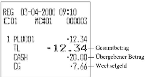 REG 03-04-2000 09:10 C01 MC#01 000003 1 PLU001 -12.34 TL -12.34-Gesamtbetrag CASH -20.00-Übergebener Betrag CG -7.66-Wechselgeld