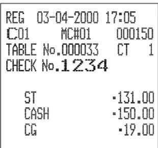 REG 03-04-2000 17:05 C01 MC#01 000150 TABLE No.000033 CT 1 CHECK No.1234 ST -131.00 CASH -150.00 CG -19.00