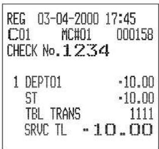 REG 03-04-2000 17:45 C01 MC#01 000158 CHECK No.1234 1 DEPT01 -10.00 ST -10.00 TBL TRANS 1111 SRVC TL -10.00