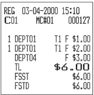 REG 03-04-2000 15:10 C01 MC#01 000127 1 DEPT01 T1 F $1.00 1 DEPT01 T1 F $2.00 DEPT04 F $3.00 TL $6.00 FSST $6.00 FSTD $6.00