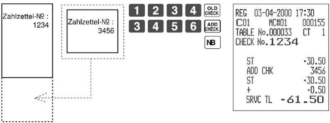 Zahlzettel-No : 1234 Zahlzettel-No : 3456 1 2 3 4 OLD CHECK 3 4 5 6 ADD CHECK NB REG 03-04-2000 17:30 C01 MC#01 000155 TABLE No.000033 CT 1 CHECK No.1234 ST ·30.50 ADD CHK 3456 ST ·30.50 + ·0.50 SRVC TL ·61.50