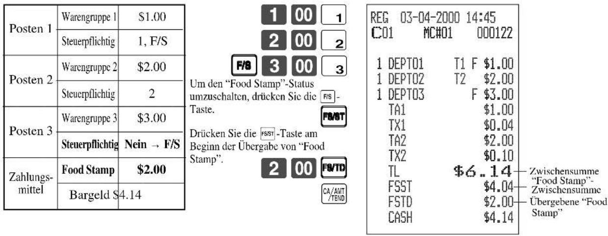 Posten 1 Warengruppe 1 $1.00 Steuerpflichtig 1, F/S Posten 2 Warengruppe 2 $2.00 Steuerpflichtig 2 Posten 3 Warengruppe 3 $3.00 Steuerpflichtig Nein → F/S Zahlungs- mittel Food Stamp $2.00 Bargeld $4.14 1 00 1 2 00 2 F/S 3 00 3 Um den "Food Stamp"-Status umzuschalten, drücken Sie die Taste. Drücken Sie die F/ST-Taste am Beginn der Übergabe von "Food Stamp". 2 00 F/TO CA/AMT /TEND REG 03-04-2000 14:45 C01 MC#01 000122 1 DEPT01 T1 F $1.00 1 DEPT02 T2 $2.00 1 DEPT03 F $3.00 TA1 $1.00 TX1 $0.04 TA2 $2.00 TX2 $0.10 TL $6.14 FSST $4.04 FSTD $2.00 CASH $4.14 Zwischensumme "Food Stamp" Zwischensumme Übergebene "Food Stamp"