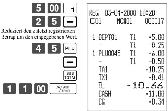 5 00 1 2 5 - Reduziert den zuletzt registrierten Betrag um den eingegebenen Wert. 4 5 PLU - SUB TOTAL 1 1 00 CA/AMT /TEND REG 03-04-2000 10:20 C01 MC#01 000017 1 DEPT01 T1 -5.00 - T1 -0.25 1 PLU0045 T1 -6.00 - T1 -0.50 TA1 -10.25 TX1 -0.41 TL -10..66 CASH -11.00 CG -0.34