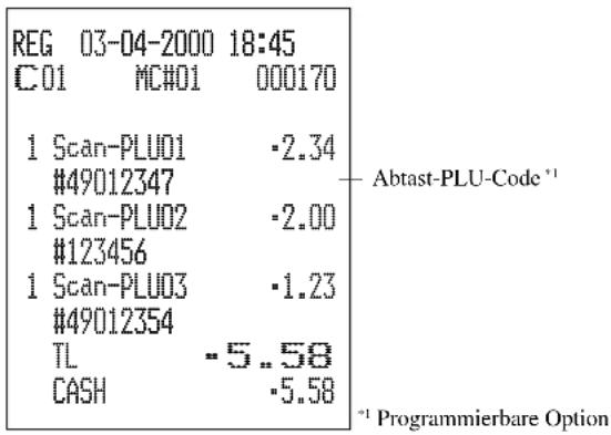 REG 03-04-2000 18:45 C01 MC#01 000170 1 Scan-PLU01 •2.34 #49012347 1 Scan-PLU02 •2.00 #123456 1 Scan-PLU03 •1.23 #49012354 TL -5..58 CASH •5.58 *1 Programmierbare Option Abtast-PLU-Code *1 *1 Programmierbare Option