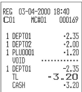 REG 03-04-2000 18:40 C01 MCH01 000169 1 DEPT01 -2.35 1 DEPT02 -2.00 1 PLU0001 -1.20 VOID ...... 1 DEPT01 -2.35 TL -3..20 CASH -3.20