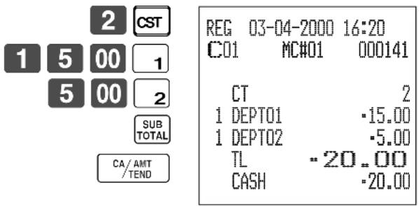 2 CST 1 5 00 1 5 00 2 SUB TOTAL CA/AMT /TEND REG 03-04-2000 16:20 C01 MC#01 000141 CT 2 1 DEPT01 -15.00 1 DEPT02 -5.00 TL -20.00 CASH -20.00