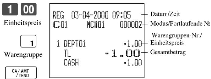 1 00 Einheitspreis REG 03-04-2000 09:05 C01 MC#01 000002 1 DEPT01 .1.00 TL -1..00 CASH .1.00 Datum/Zeit Modus/Fortlaufende N° Warengruppen-Nr./ Einheitspreis Gesamtbetrag 1 Warengruppe CA/AMT /TEND