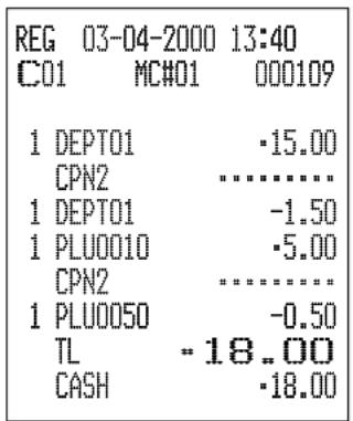 REG 03-04-2000 13:40 C01 MC#01 000109 1 DEPT01 ·15.00 CPN2 ········ 1 DEPT01 -1.50 1 PLU0010 ·5.00 CPN2 ········ 1 PLU0050 -0.50 TL ·18.00 CASH ·18.00