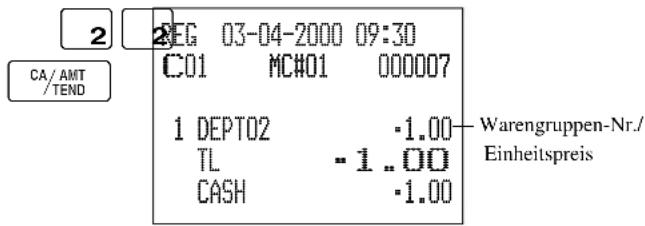 2 CA/AMT /TEND 2EG 03-04-2000 09:30 C01 MCH01 000007 1 DEPT02 -1.00 TL -1..00 CASH -1.00 Warengruppen-Nr./ Einheitspreis