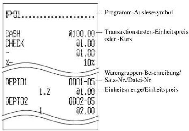 P>01............ CASH @100.00 CHECK @1.00 - %- @1.00 10% DEPT01 0001-05 1.2 @1.00 DEPT02 0002-05 1 @2.00 Programm-Auslesesymbol Transaktionstasten-Einheitspreis oder -Kurs Warengruppen-Beschreibung/Satz-Nr./Datei-Nr. Einheitsmenge/Einheitspreis