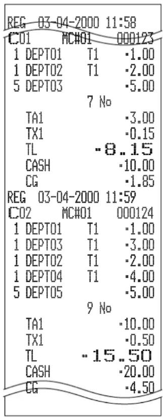 REG 03-04-2000 11:58 C01 MC#01 000123 1 DEPT01 T1 -1.00 1 DEPT02 T1 -2.00 5 DEPT03 -5.00 7 No TA1 -3.00 TX1 -0.15 TL -8..15 CASH -10.00 CG -1.85 REG 03-04-2000 11:59 C02 MC#01 000124 1 DEPT01 T1 -1.00 1 DEPT03 T1 -3.00 1 DEPT02 T1 -2.00 1 DEPT04 T1 -4.00 5 DEPT05 -5.00 9 No TA1 -10.00 TX1 -0.50 TL -15..50 CASH -20.00 CG -4.50