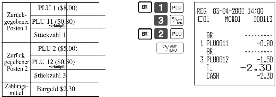 Zurück- gegebener Posten 1 PLU 1 ($8.00) PLU 11 ($0.80) verknüpft Stückzahl 1 Zurück- gegebener Posten 2 PLU 2 ($5.00) PLU 12 ($0.50) verknüpft Stückzahl 3 Zahlungs- mittel Bargeld $2.30 BR 1 PLU 3 ×/DATE TIME BR 2 PLU CA/AMT /TEND REG 03-04-2000 14:00 C01 MC#01 000113 BR ............ 1 PLU0011 -0.80 BR ............ 3 PLU0012 -1.50 TL -2..30 CASH -2.30
