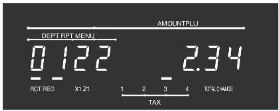AMOUNTPLU DEPT RPT MENU 0 122 - - 2.34 RCT REG X1 Z1 1 2 3 4 TOTAL CHANGE TAX