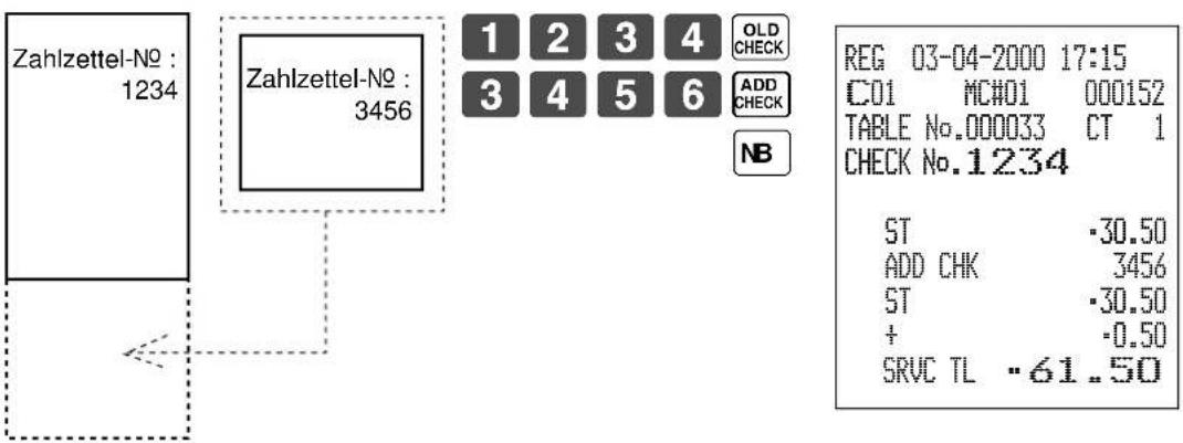 Zahlzettel-No : 1234 Zahlzettel-No : 3456 1 2 3 4 OLD CHECK 3 4 5 6 ADD CHECK NB REG 03-04-2000 17:15 C01 MC#01 000152 TABLE No.000033 CT 1 CHECK No.1234 ST -30.50 ADD CHK 3456 ST -30.50 + -0.50 SRVC TL -61.50