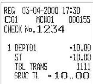 REG 03-04-2000 17:30 C01 MC#01 000155 CHECK No.1234 1 DEPT01 -10.00 ST -10.00 TBL TRANS 1111 SRVC TL -10.00