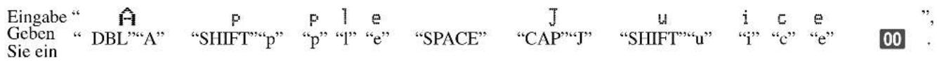 Eingabe “ Geben Sie ein “ DBL”“A” “SHIFT”“p” “p” “l” “e” “SPACE” “CAP”“J” “SHIFT”“u” “i” “c” “e” 00 ”,