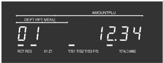 AMOUNTPLU DEPT RPT MENU 0.1 12.34 RCT REG X1 Z1 T/S1 T/S2 T/S3 F/S TOTAL CHANGE