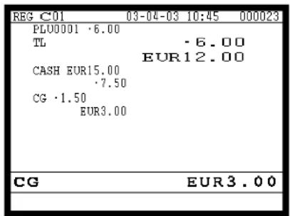 REG C01 03-04-03 10:45 000023 PLU0001 ·6.00 TL -6.00 EUR12.00 CASH EUR15.00 ·7.50 CG ·1.50 EUR3.00 CG EUR3.00