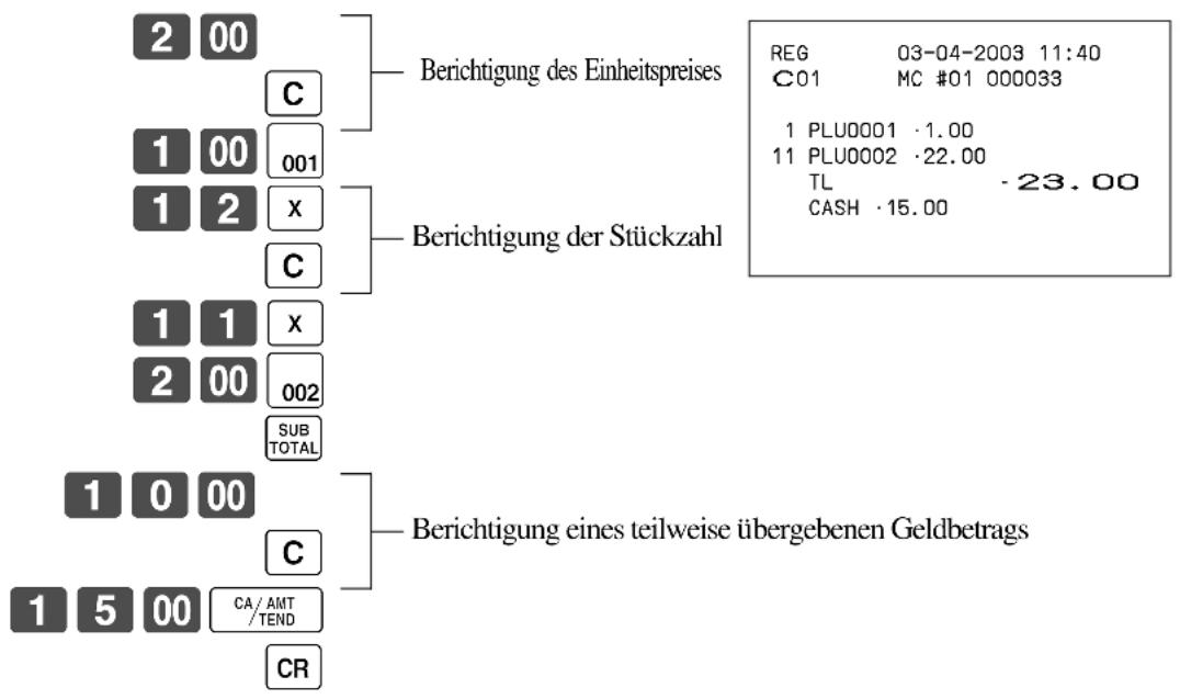 2 00 C Berichtigung des Einheitspreises 1 00 001 1 2 x C Berichtigung der Stückzahl 1 1 x 2 00 002 SUB TOTAL 1 0 00 C Berichtigung eines teilweise übergebenen Geldbetrags 1 5 00 CA/AMT/TEND CR REG 03-04-2003 11:40 C01 MC #01 000033 1 PLU0001 ·1.00 11 PLU0002 ·22.00 TL -23.00 CASH ·15.00