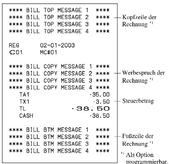 **** BILL TOP MESSAGE 1 **** **** BILL TOP MESSAGE 2 **** **** BILL TOP MESSAGE 3 **** **** BILL TOP MESSAGE 4 **** REG 02-01-2003 C01 MC#01 **** BILL COPY MESSAGE 1 **** **** BILL COPY MESSAGE 2 **** **** BILL COPY MESSAGE 3 **** **** BILL COPY MESSAGE 4 **** TA1 ·35.00 TX1 ·3.50 TL -38.50 CASH ·38.50 **** BILL BTM MESSAGE 1 **** **** BILL BTM MESSAGE 2 **** **** BILL BTM MESSAGE 3 **** **** BILL BTM MESSAGE 4 **** Kopfzeile der Rechnung *1 Werbespruch der Rechnung *1 Steuerbetrag Fußzeile der Rechnung *1 *1 Als Option programmierbar.