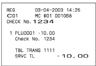 REG 03-04-2003 14:25 C01 MC #01 001068 CHECK No. 1234 1 PLU0001 · 10.00 Check No. 1234 TBL TRANS 1111 SRVC TL · 10.00